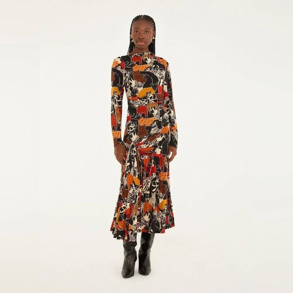 Farm Rio Multicolor Cats And Dogs Long Sleeve Draped Midi Dress Small